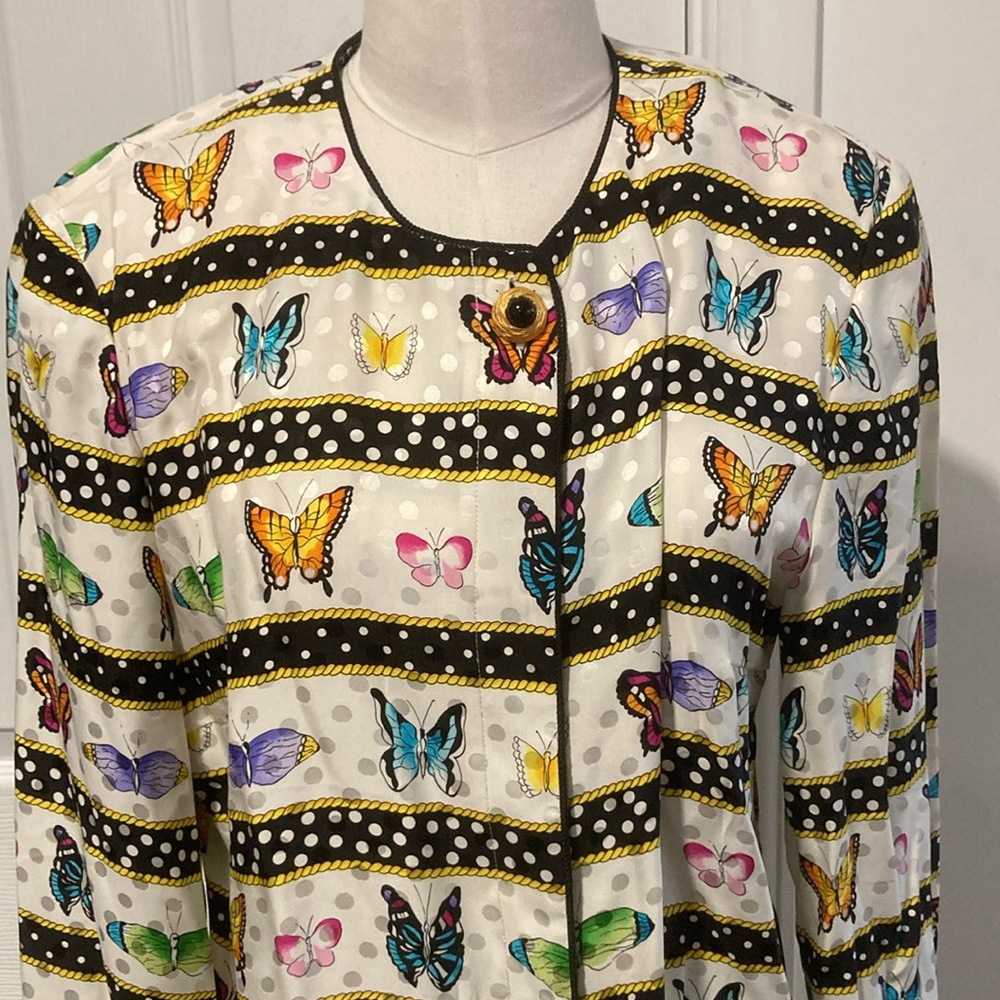Maggy London Colorful Butterfly Blouse with Black Accents